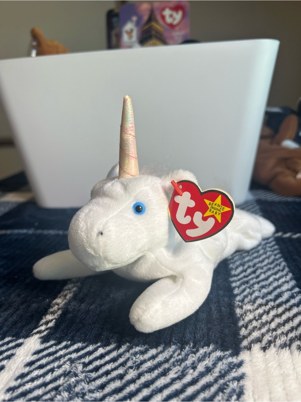 Ty White Unicorn Plush with Blue Eyes and Iridescent Horn